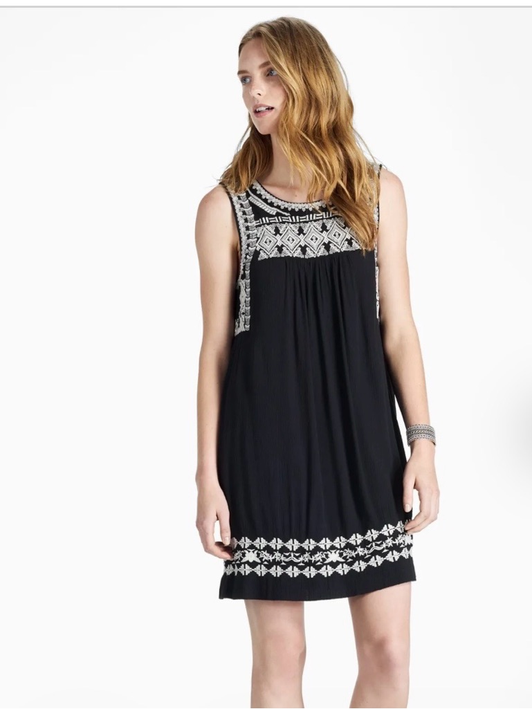 570 Lucky Brand Black Mini Dress With White Embroidered Trim